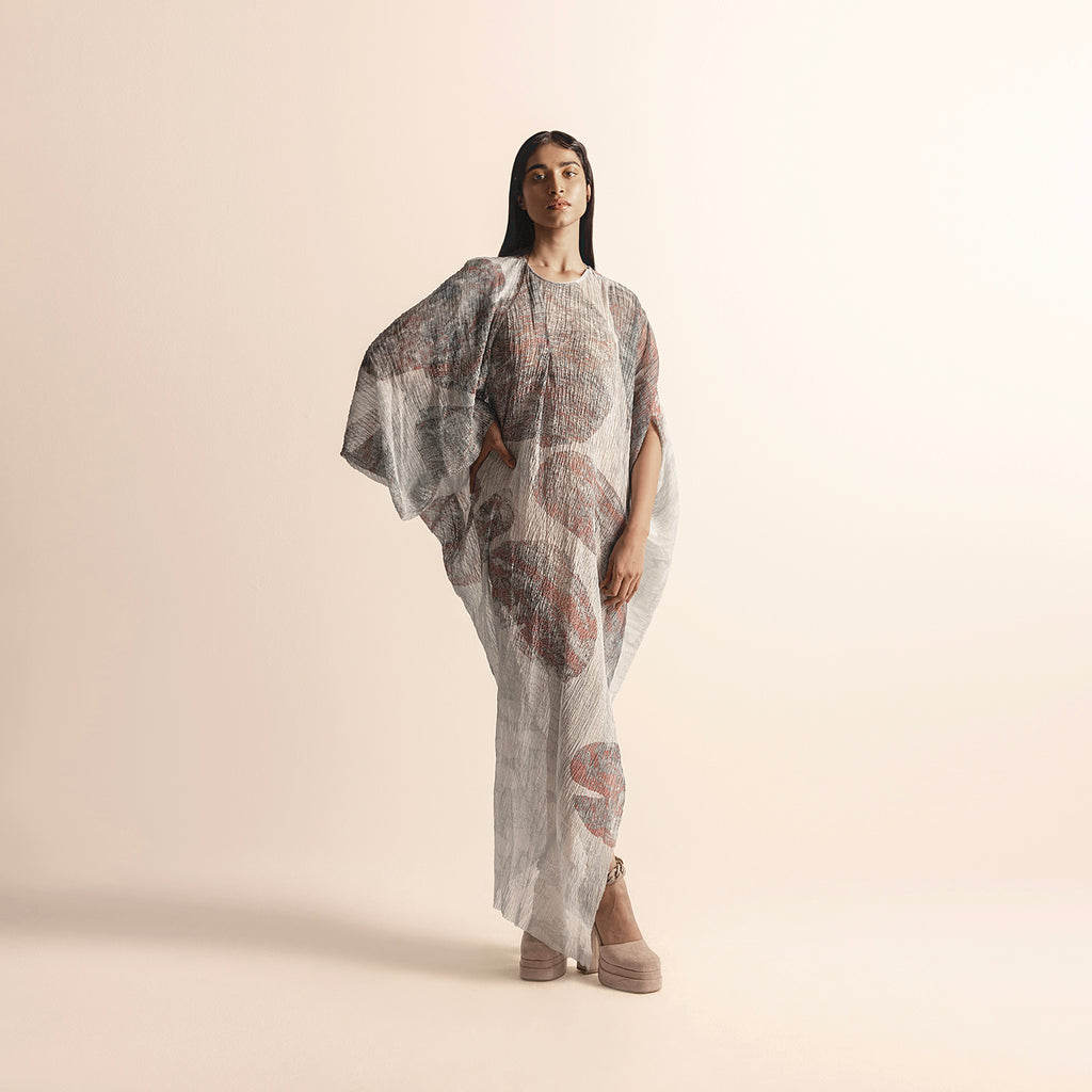 NADRU GRAPHIC PRINTED HEAT TEXTURED DRAPED DRESS