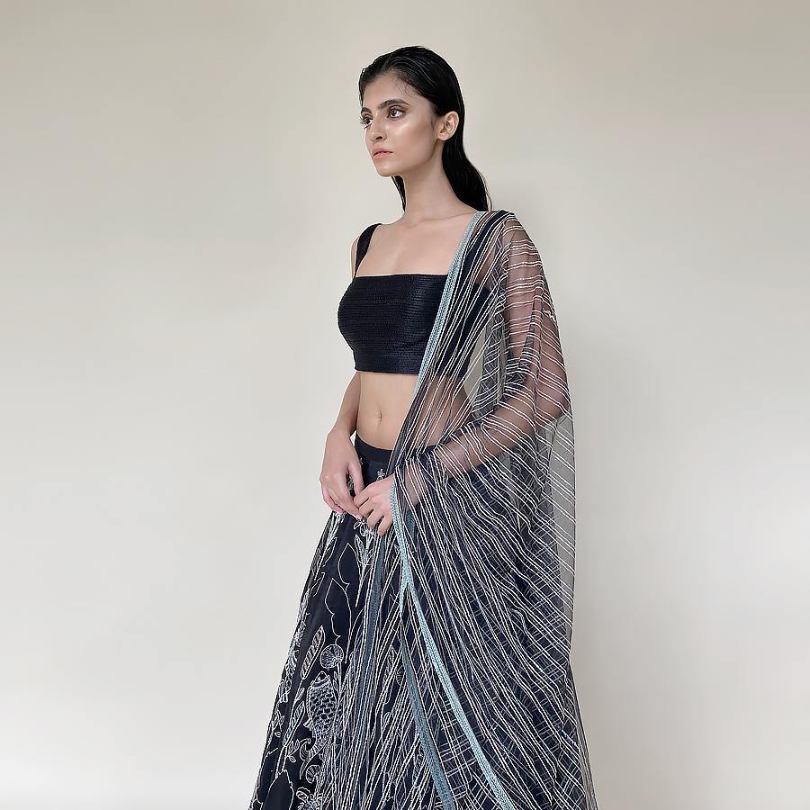 Embellished Lehenga With Textured Blouse And Dupatta – Abhishek Sharma