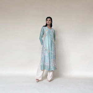 Embellished Kurt with front plate, wide pants and dupatta. The kurta has fine resham and pearl 3D embroidery that adds the elegance to the look. It's a look that works for day and night both. Abhishek Sharma, abhishekstudio.
