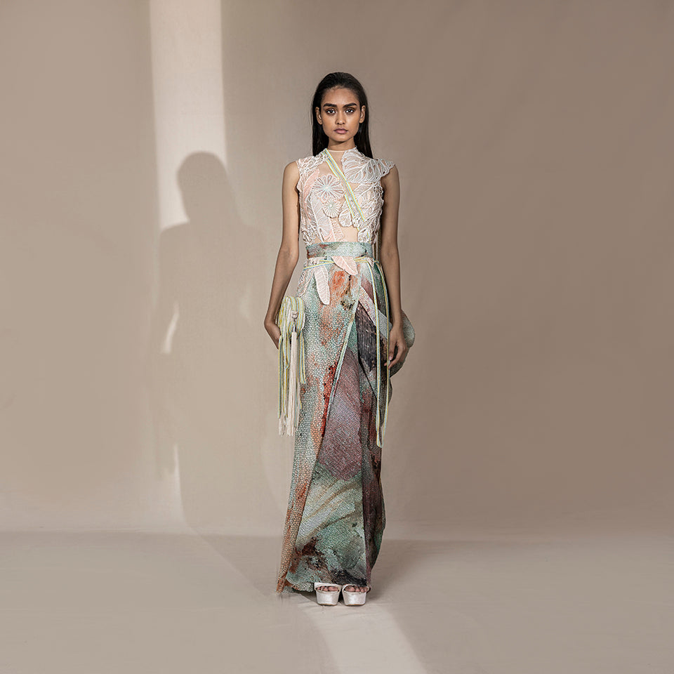fitted lace wedding dress Graphic Crystalised Printed Textured Draped Saree With Embellished Blo –  Abhishek Sharma