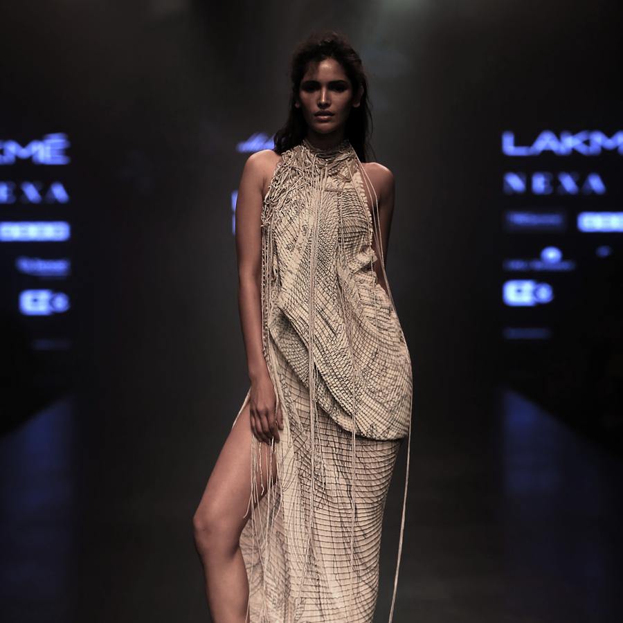Halter Neck Cowl Draped Dress with Embellished Belt.  Abhishek Sharma