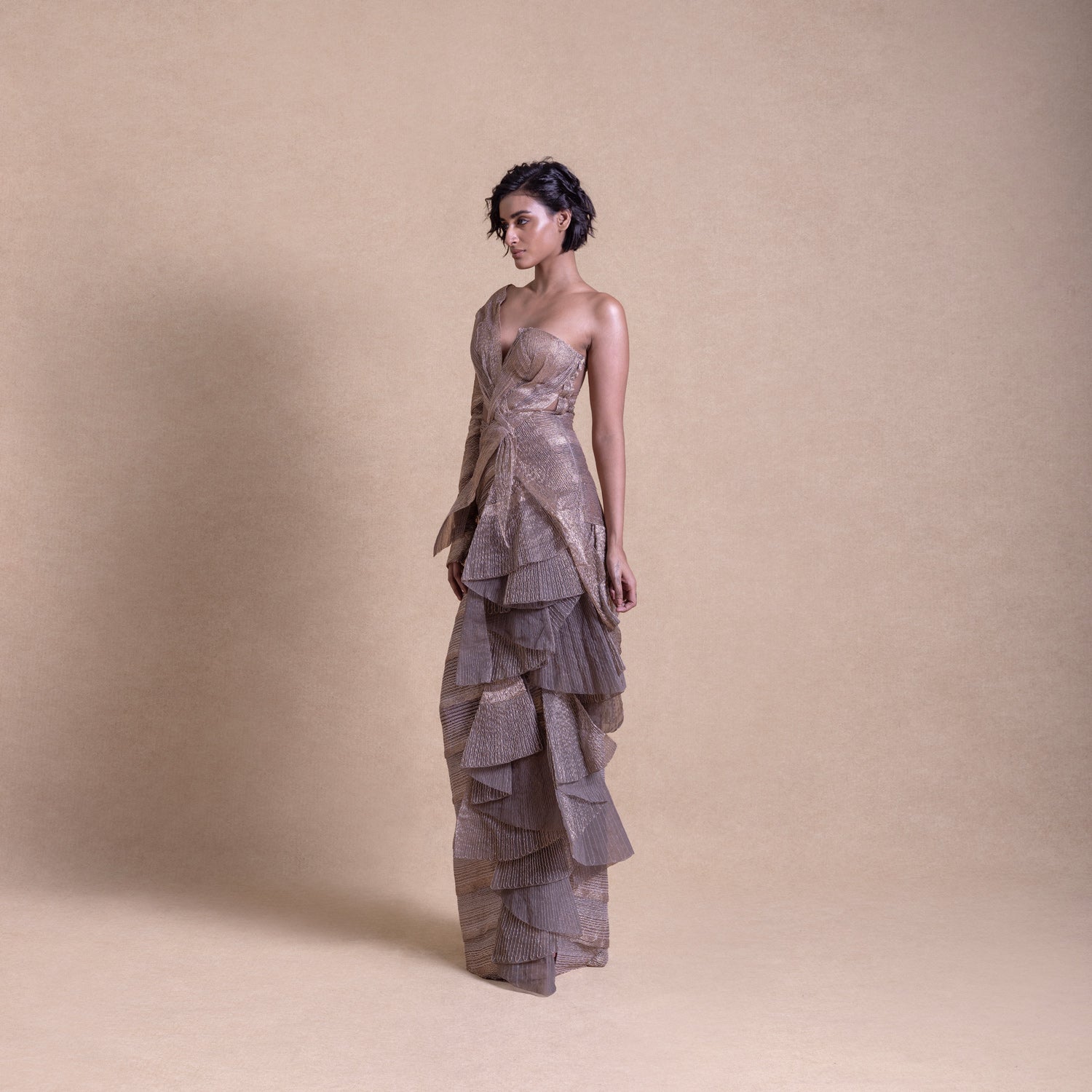 ASYMMETRIC METALLIC CASCADE GOWN