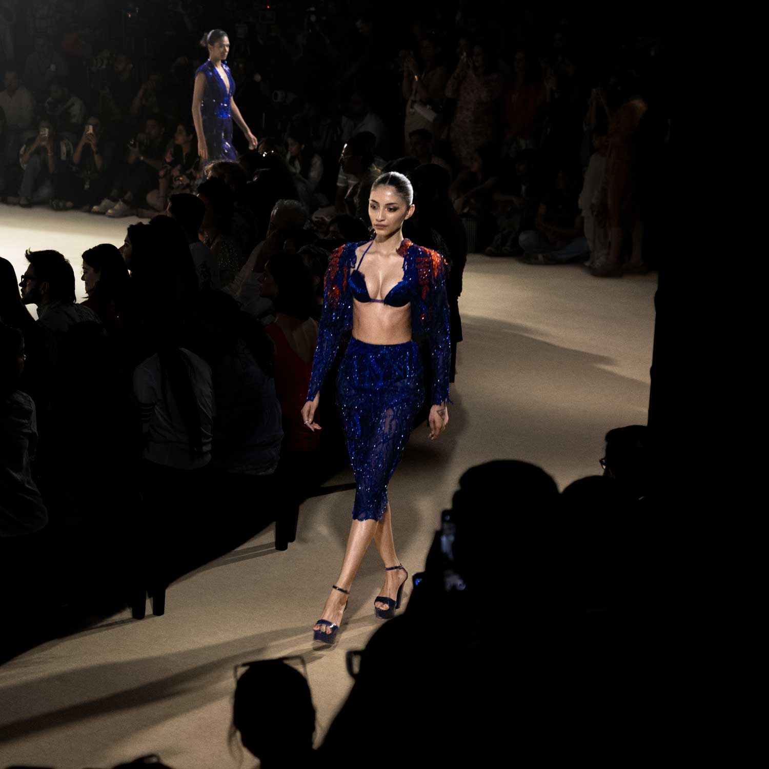 3D embellished cropped jacket set – bold power-shoulder fashion statement, top and skirt.