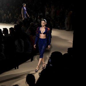 3D embellished cropped jacket set – bold power-shoulder fashion statement, top and skirt.