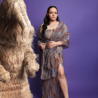 Draped dress with 3D embellishments – high-fashion designer piece, cocktail gown