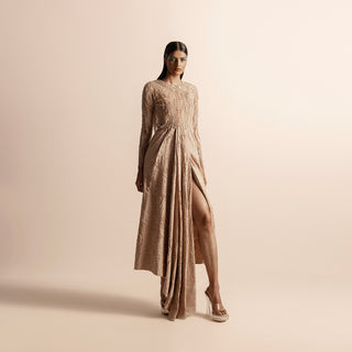 3D embellished cropped top with quilted textured drape dress – modern couture duo