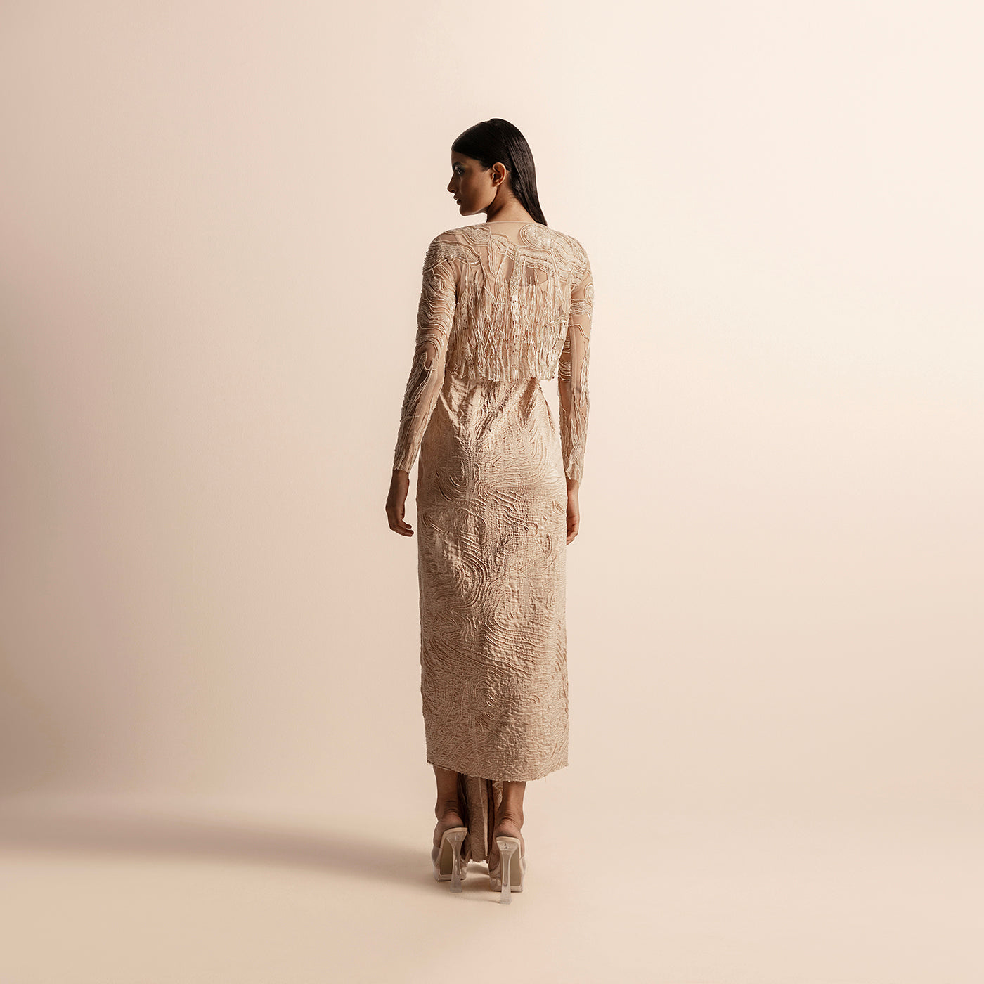 Rear view of 3D embellished cropped top with quilted textured dress – sleek modern couture silhouette, 3D embellished top, back view couture, modern silhouette,