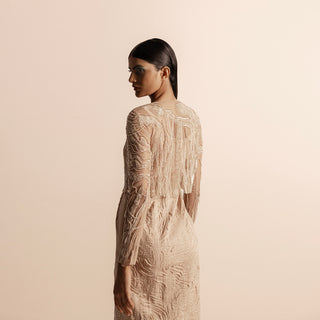 Detailed view of sheer 3D embellished top with quilted texture and long sleeves – 3D embroidery, quilted couture,  modern formalwear