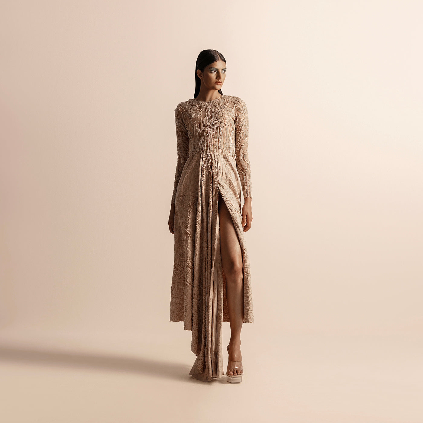 full view of  3D embellished top paired with asymmetric high-slit quilted drape dress –  3D embellished top, asymmetric slit skirt, quilted drape, modern couture duo, modern formalwear