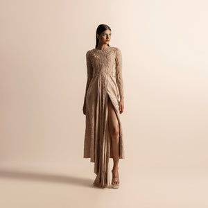 full view of  3D embellished top paired with asymmetric high-slit quilted drape dress –  3D embellished top, asymmetric slit skirt, quilted drape, modern couture duo, modern formalwear