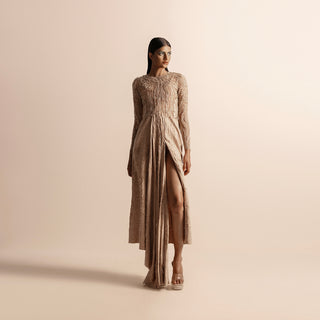 full view of  3D embellished top paired with asymmetric high-slit quilted drape dress –  3D embellished top, asymmetric slit skirt, quilted drape, modern couture duo, modern formalwear