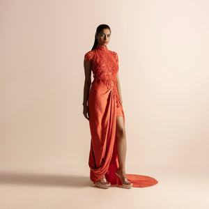 3D embellished hot orange halter neck blouse and quilted draped skirt – vibrant couture outfit, gown, cocktaildress