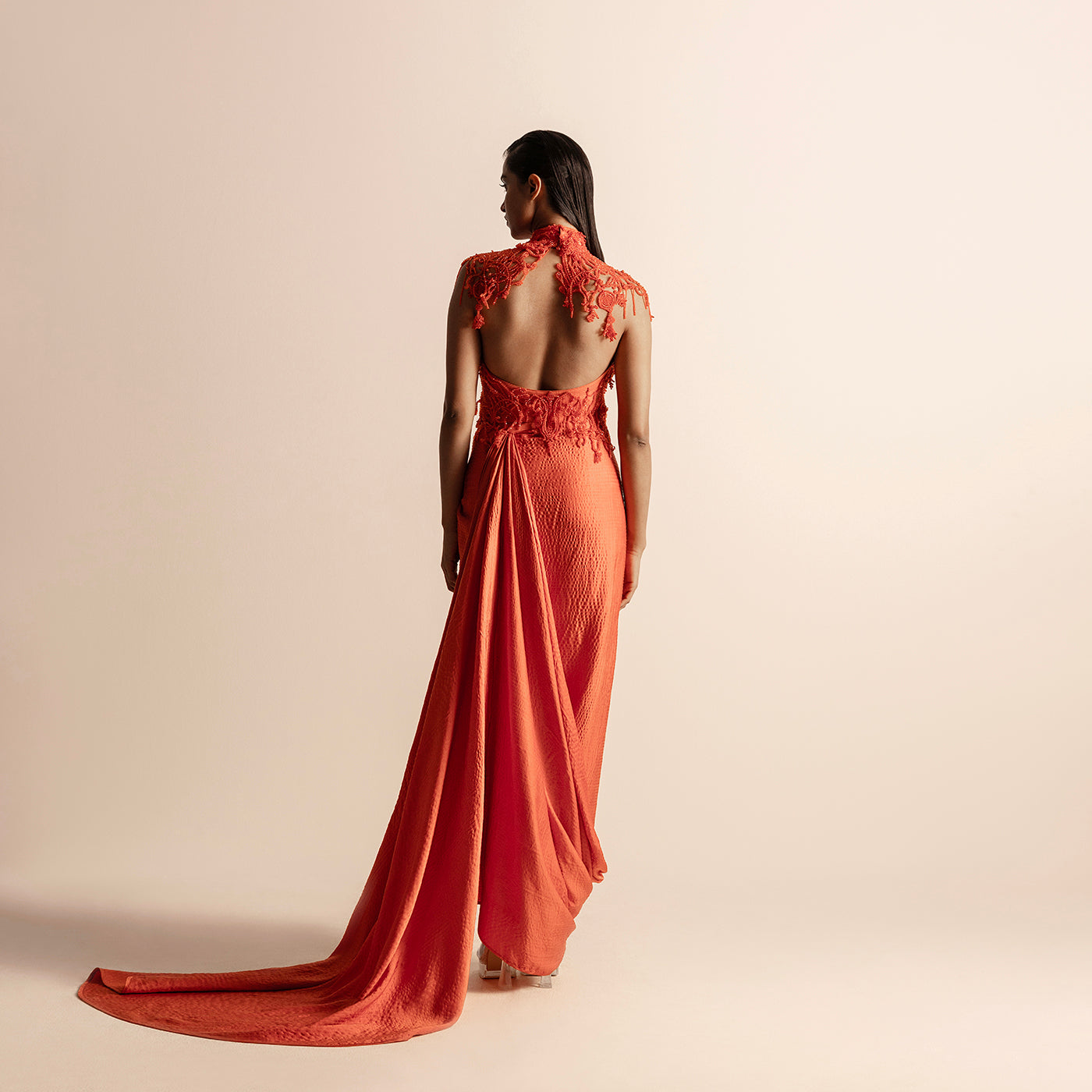 Women's hot orange 3D embellished halter gown with open back and quilted - hot orange couture, open back dress, quilted drape, cocktail outfit