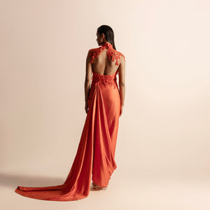 Women's hot orange 3D embellished halter gown with open back and quilted - hot orange couture, open back dress, quilted drape, cocktail outfit