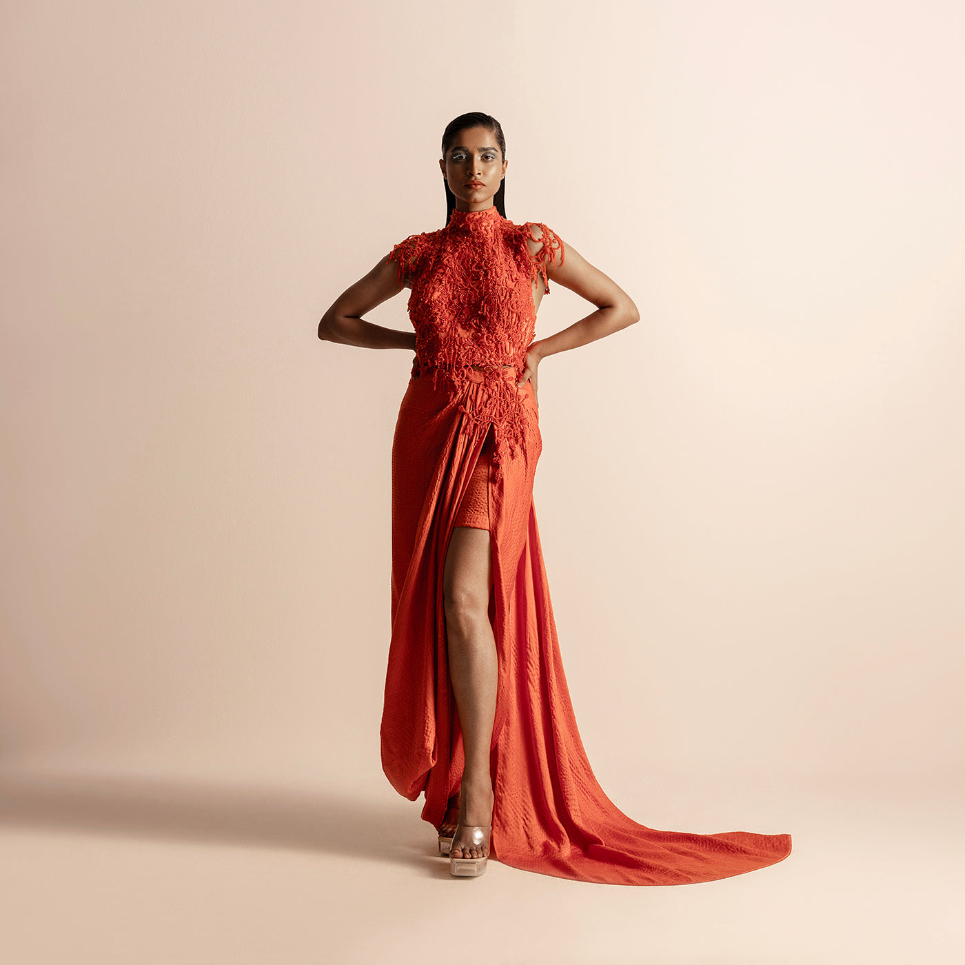 full view of Women's hot orange couture set with 3D embellished halter top and asymmetric draped skirt - asymmetric drape, cocktail gown, textured skirt