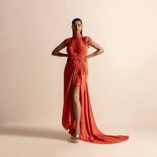 full view of Women's hot orange couture set with 3D embellished halter top and asymmetric draped skirt - asymmetric drape, cocktail gown, textured skirt