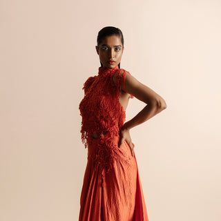 side view of Women's 3D embellished halter blouse with sculpted texture draped skirt in hot orange - couture orange look, ruched skirt, sculptural embroidery, evening set