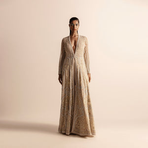 3D embellished Kalidar long jacket – regal designer layering piece, designer flared jacket.