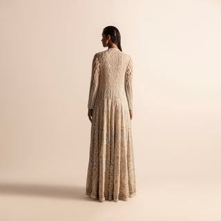 back view of Women's Kalidar jacket with full back embroidery in champagne tones and flared floor-length hem -  flared festive coat, couture outerwear