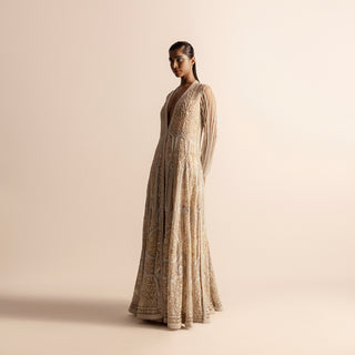 Women's 3D embellished Kalidar jacket in champagne gold with flared hem and sheer embroidered sleeves - champagne gold embroidery, sheer sleeve jacket