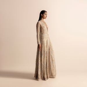 Women's designer Kalidar jacket in metallic ivory with paisley embroidery and full-length flared silhouette - Kalidar jacket, paisley embroidery, ivory long jacket