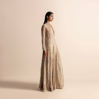 Women's designer Kalidar jacket in metallic ivory with paisley embroidery and full-length flared silhouette - Kalidar jacket, paisley embroidery, ivory long jacket