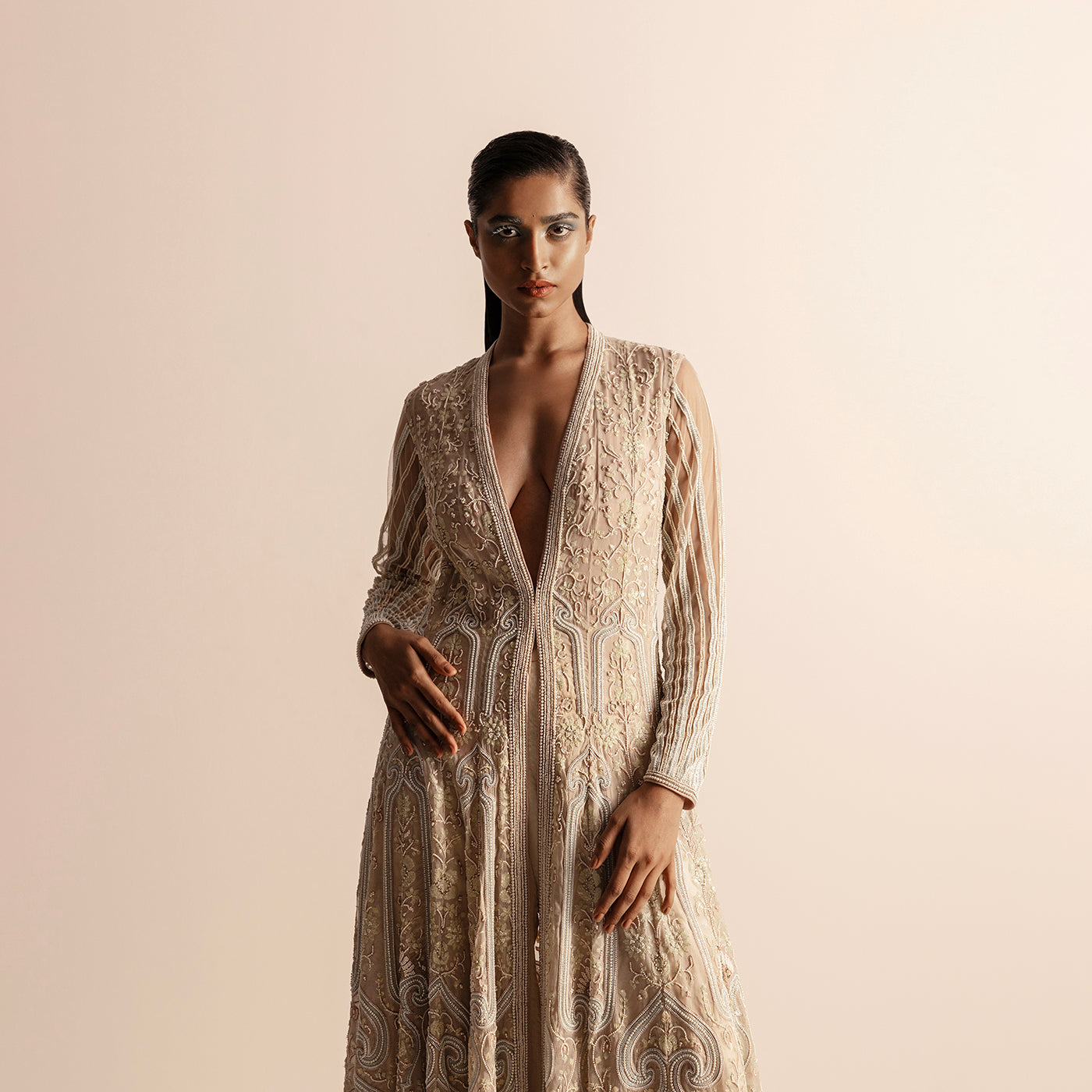 Women's 3D embellished Kalidar long jacket with intricate embroidery and slit sleeves in ivory gold - ivory gold layering, slit sleeve jacket, designer festive wear