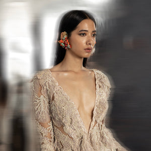 Close-up of women's 3D embellished jacket with pearl and lace detailing – luxury couture texture focus, 3D embellished jacket,