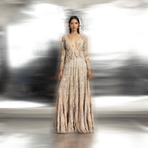 full length of Women's full-length 3D embellished flared jacket gown with sheer sleeves and multi-panel detailing – couture layering look, 3D embellished gown