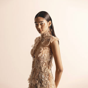 Close-up of 3D embellished short ruffle dress – chic cocktail party look, 3D embellished dress, short ruffle dress