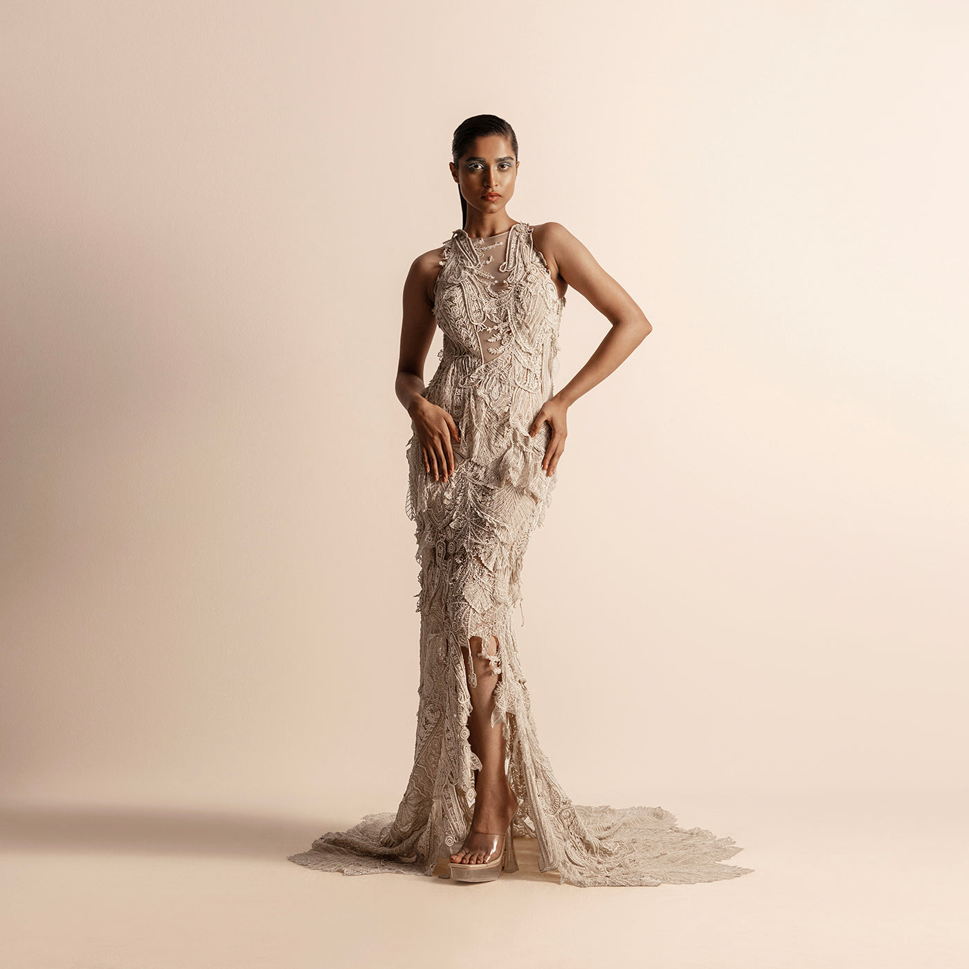 3D embellished Vana pearl gown – nature-inspired luxury gown. reception gown.