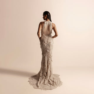 back view of Women's Vana pearl gown with sculpted 3D embroidery, sheer back panel -  pearl embroidery, sheer back, luxury reception dress