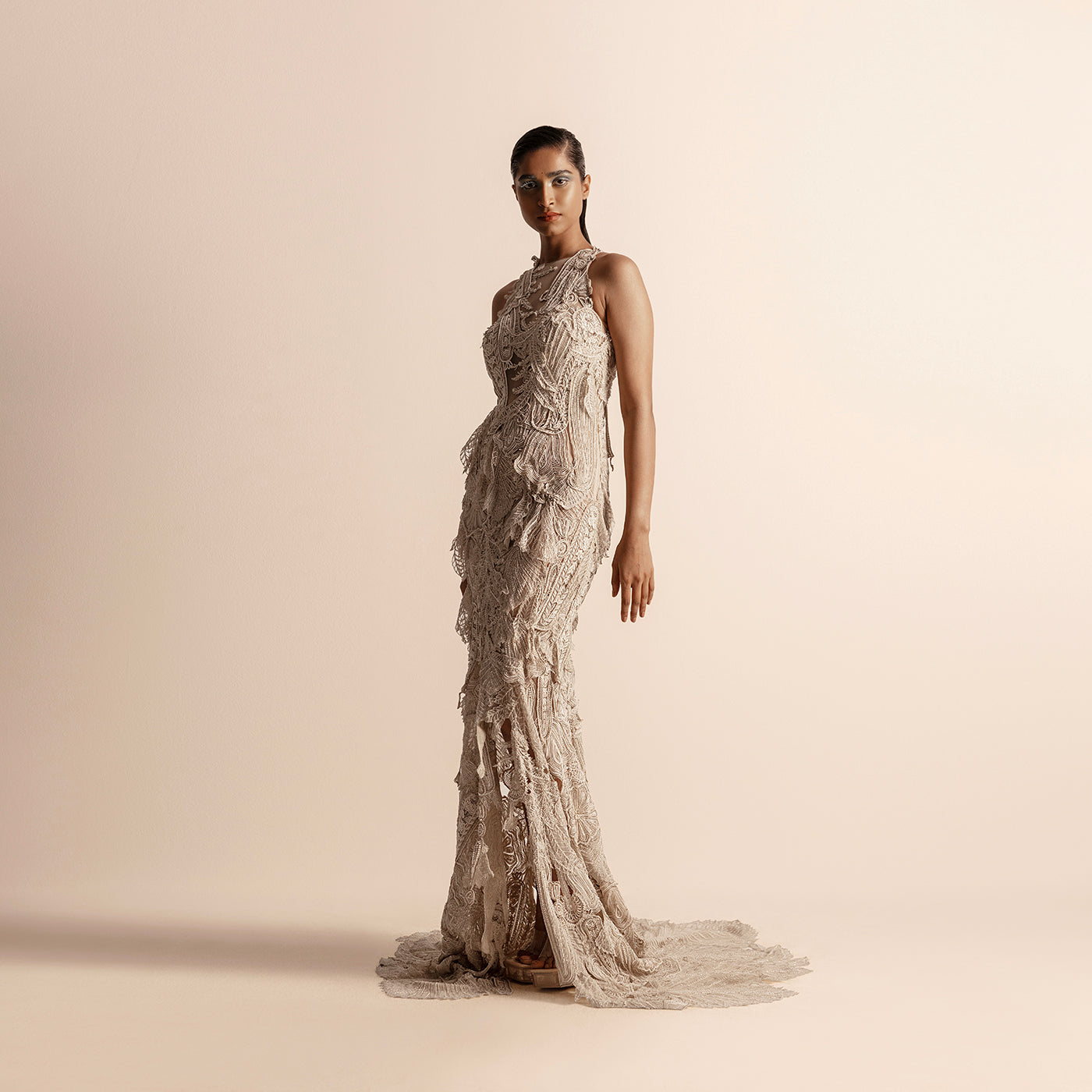 full view of Women's Vana pearl gown with 3D botanical embroidery and floor-length sculpted fishtail silhouette -  luxury gown, reception dress