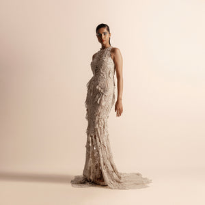 full view of Women's Vana pearl gown with 3D botanical embroidery and floor-length sculpted fishtail silhouette -  luxury gown, reception dress