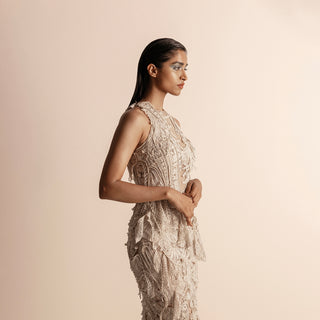 side view of Women's 3D embellished Vana pearl gown with leaf-textured embroidery and illusion neckline - leaf embroidery, illusion neckline, reception couture