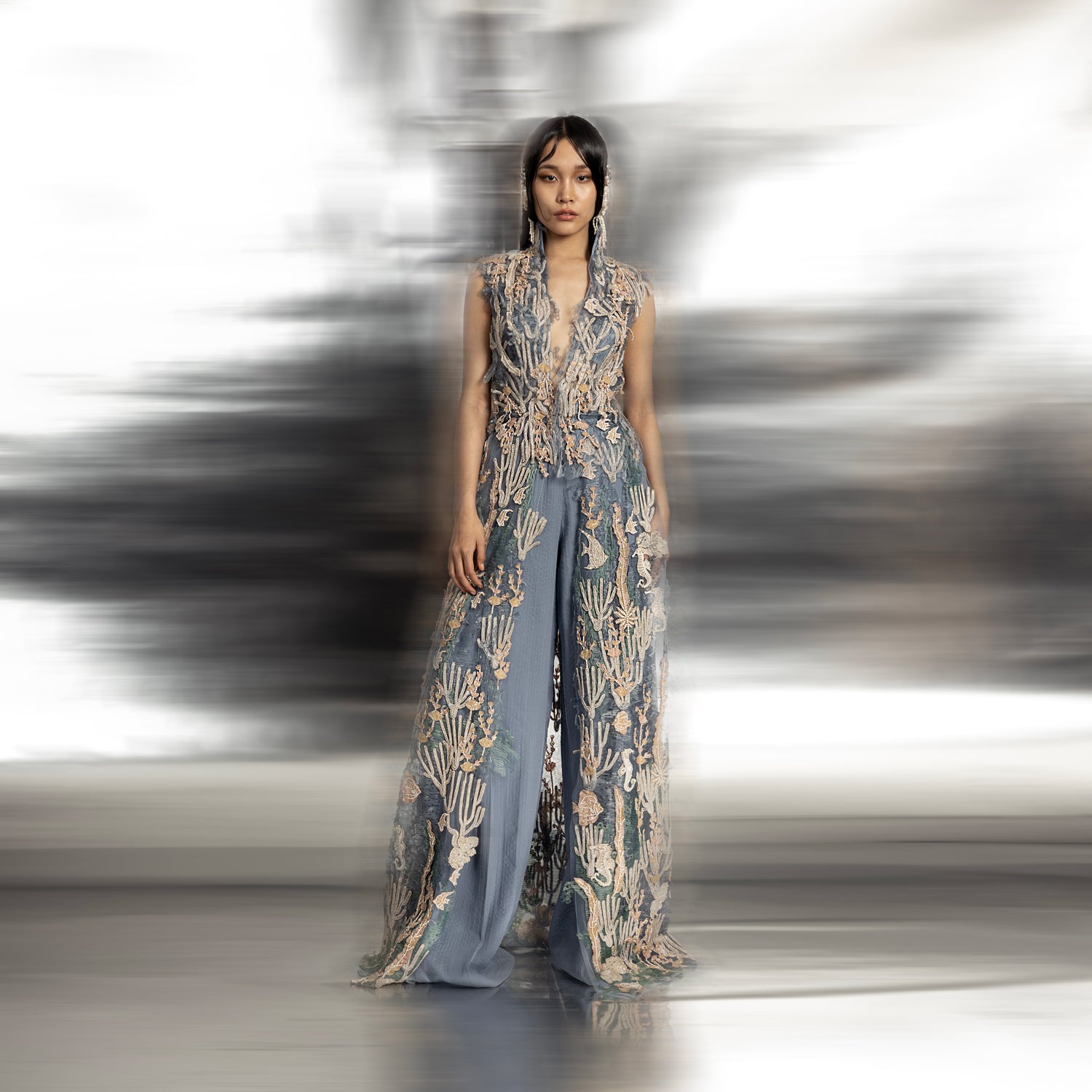 3D embroidered high neck floor length straight jacket – regal designer outerwear, emberoidered jacket