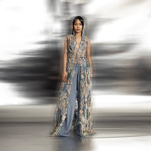3D embroidered high neck floor length straight jacket – regal designer outerwear, emberoidered jacket