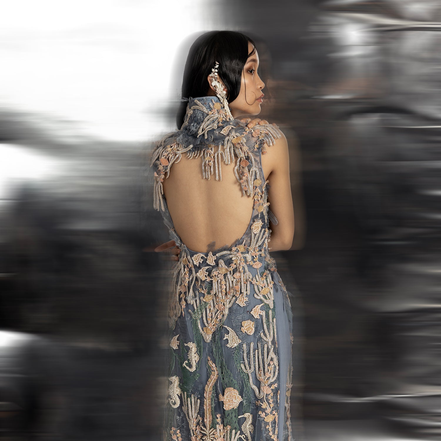 back view of Women's open-back high neck floor-length jacket with 3D reef embroidery – regal couture outerwear