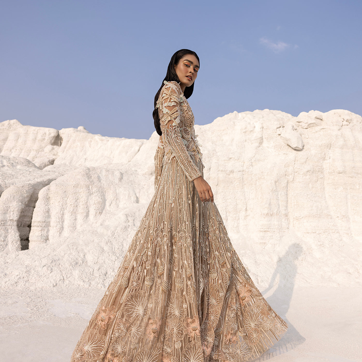 Long jacket with Nadru-inspired 3D embellishments – designer fusion outerwear, flared jacket.