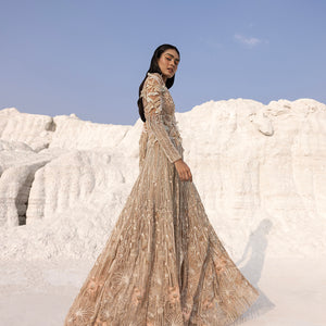 Long jacket with Nadru-inspired 3D embellishments – designer fusion outerwear, flared jacket.