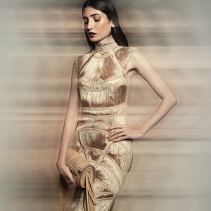 Inspired by the filigree craft of jewellery making this fitted symmetrical dress is sculpted with silk yarn draped in a loose style following a graphic pattern imitating the basic line drawings of filigree. This ensemble is an example of attention to detail, intense precision and excellent craftsmanship.  #abhisheksharma #fashiondesignerabhisheksharma #reef #redcarpet #shortdress #abhishekstudio #lfw #fdci 