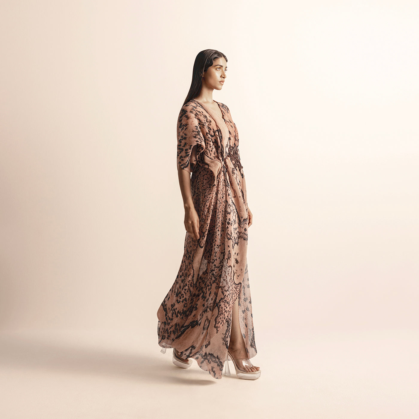 Reef Printed, Heat Textured Asymetric Draped Dress