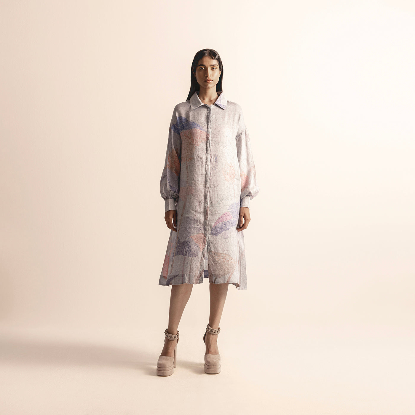 LOTUS POND GRAPHIC PRINTED A-LINE SHIRT DRESS WITH BISHOP SLEEVES