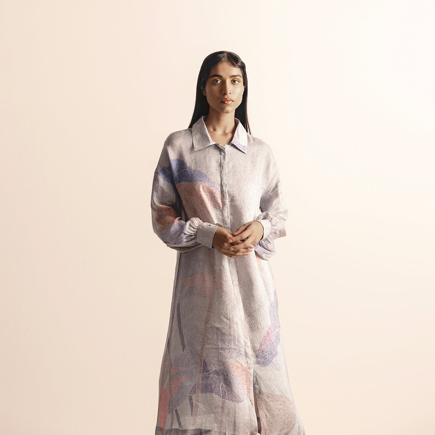 LOTUS POND GRAPHIC PRINTED A-LINE SHIRT DRESS WITH BISHOP SLEEVES