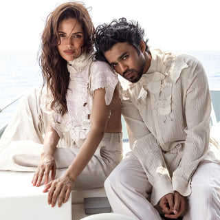 Men's crinkle-textured cotton shirt with hand-embroidered Kantha motifs and fluted collar for artisanal summer style 