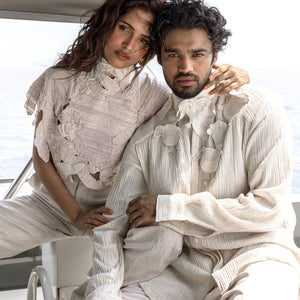 Men's ivory crinkled shirt with tonal Kantha leaf appliqué and relaxed fit for elevated handcrafted coastal dressing