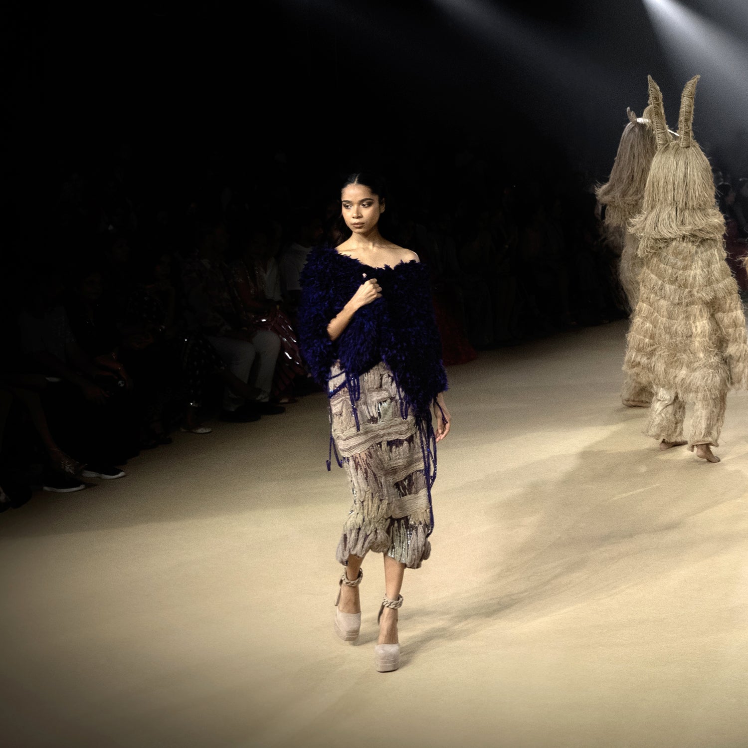 Layered chiffon cape with drip-string asymmetrical top and embellished skirt – artistic statement wear, rap top and pencile skirt