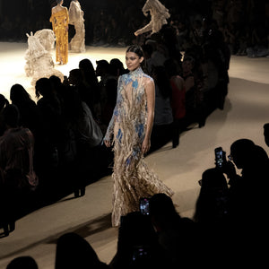 Nature-inspired designer gown resembling crop fields – eco-luxury fashion, reception gown