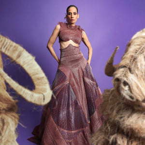 Bold designer crop top high-waisted flouncy skirt – couture Indian fusion wear in metallic hues - designer party set, crop top and skirt, reception look.