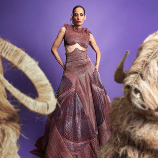 Bold designer crop top high-waisted flouncy skirt – couture Indian fusion wear in metallic hues - designer party set, crop top and skirt, reception look.